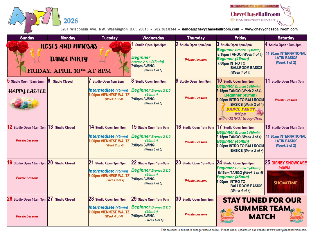 April 2026 Chevy Chase Ballroom monthly class calendar