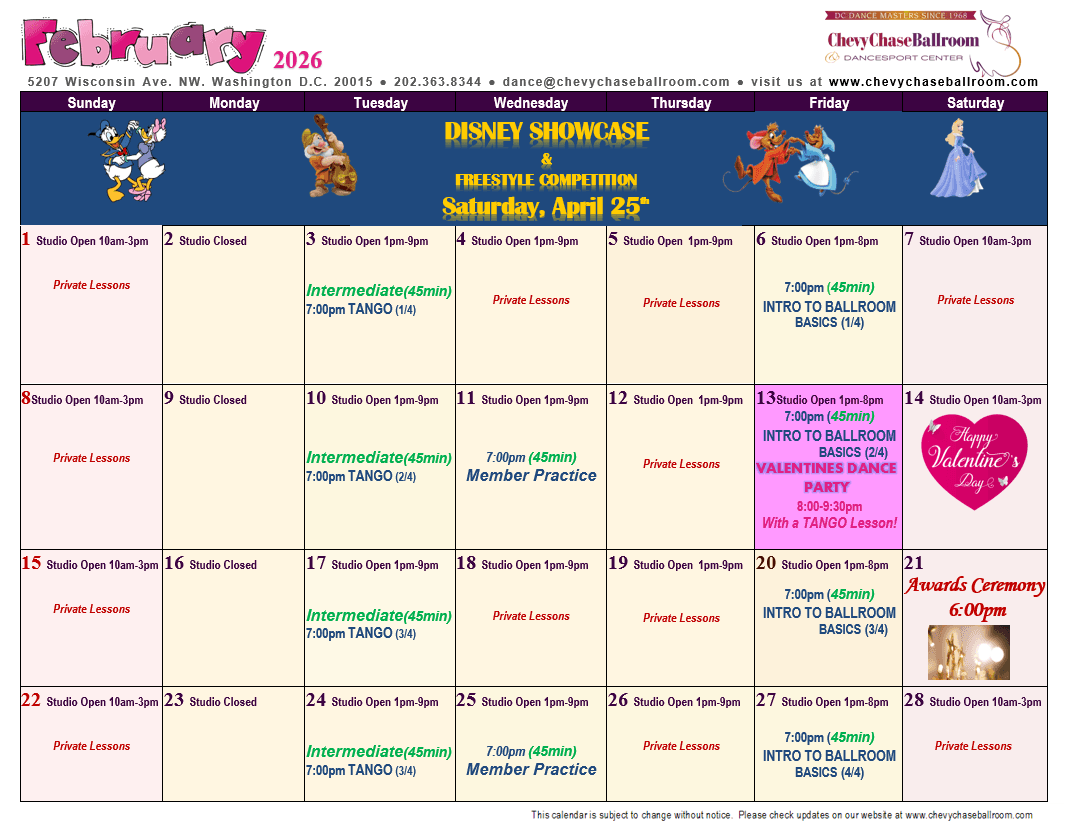 February 2026 Chevy Chase Ballroom monthly class calendar
