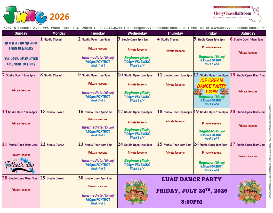 June 2026 Chevy Chase Ballroom monthly class calendar