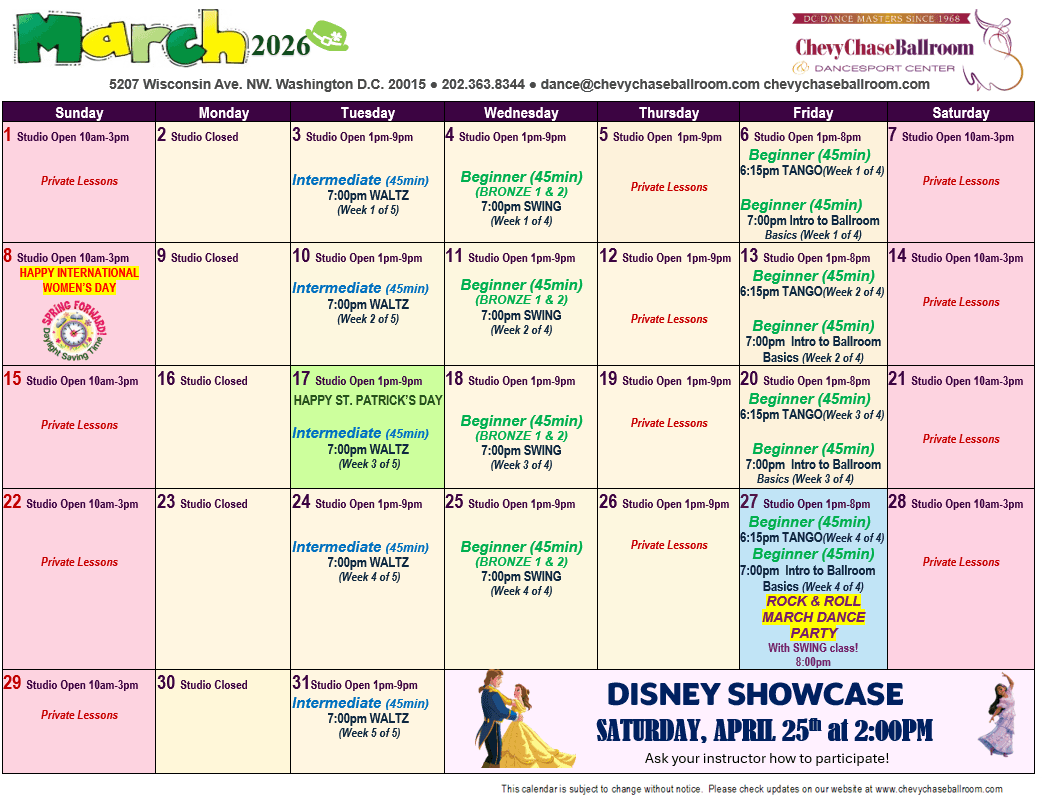 March 2026 Chevy Chase Ballroom monthly class calendar