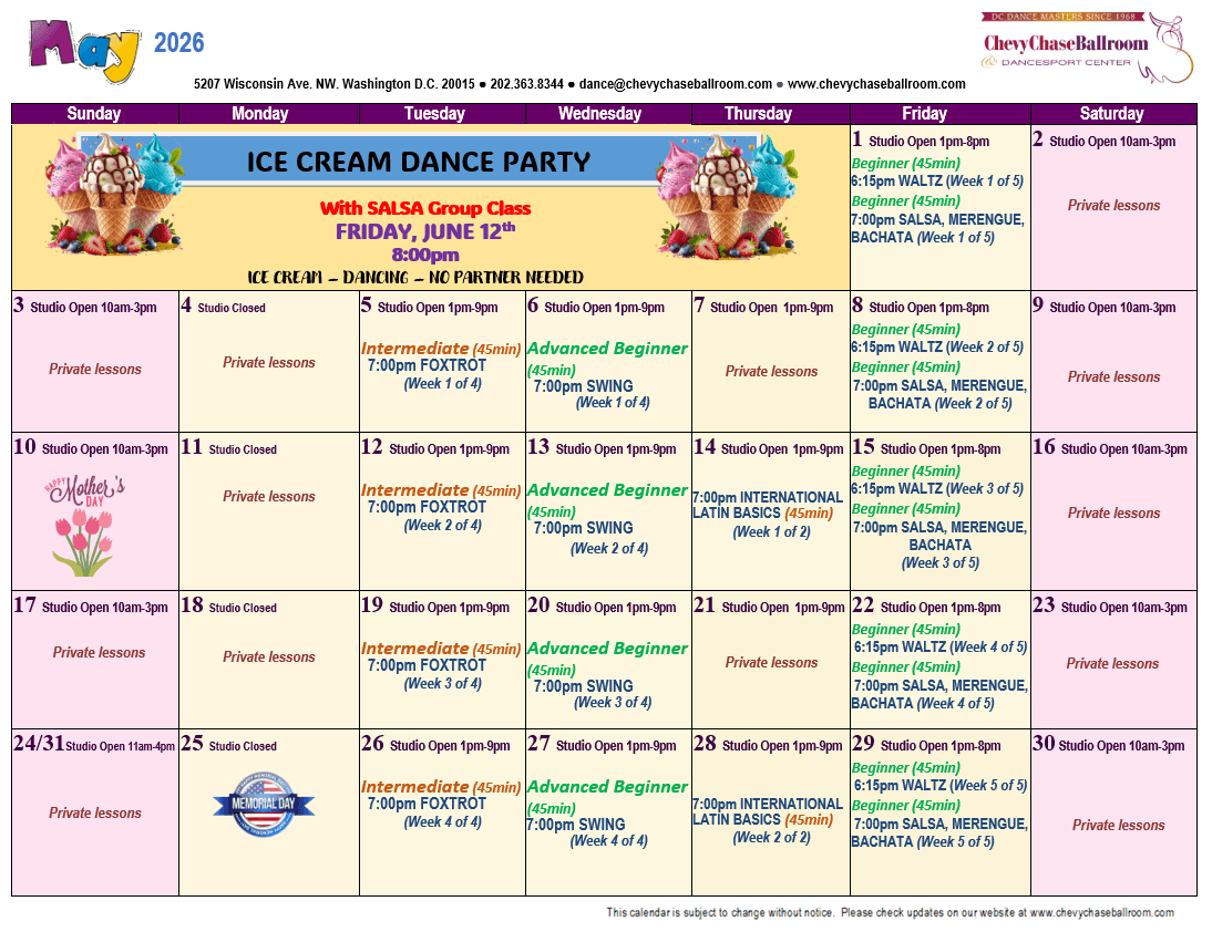 May 2026 Chevy Chase Ballroom monthly class calendar