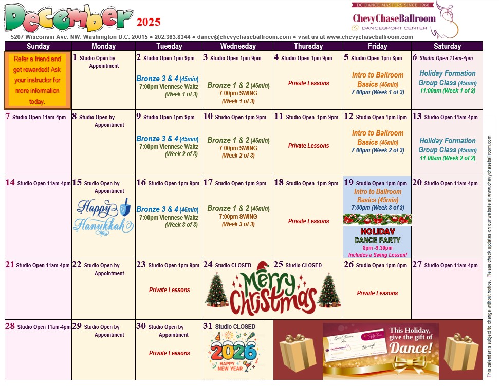 December 2025 Chevy Chase Ballroom monthly class calendar